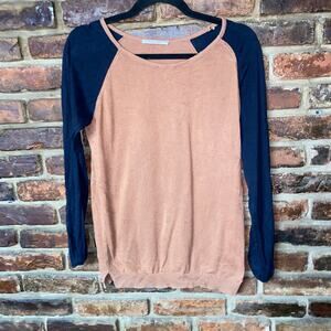 Camaieu Tan Brown Navy Blue Long Sleeve Lightweight Knit Top Women's Size Medium